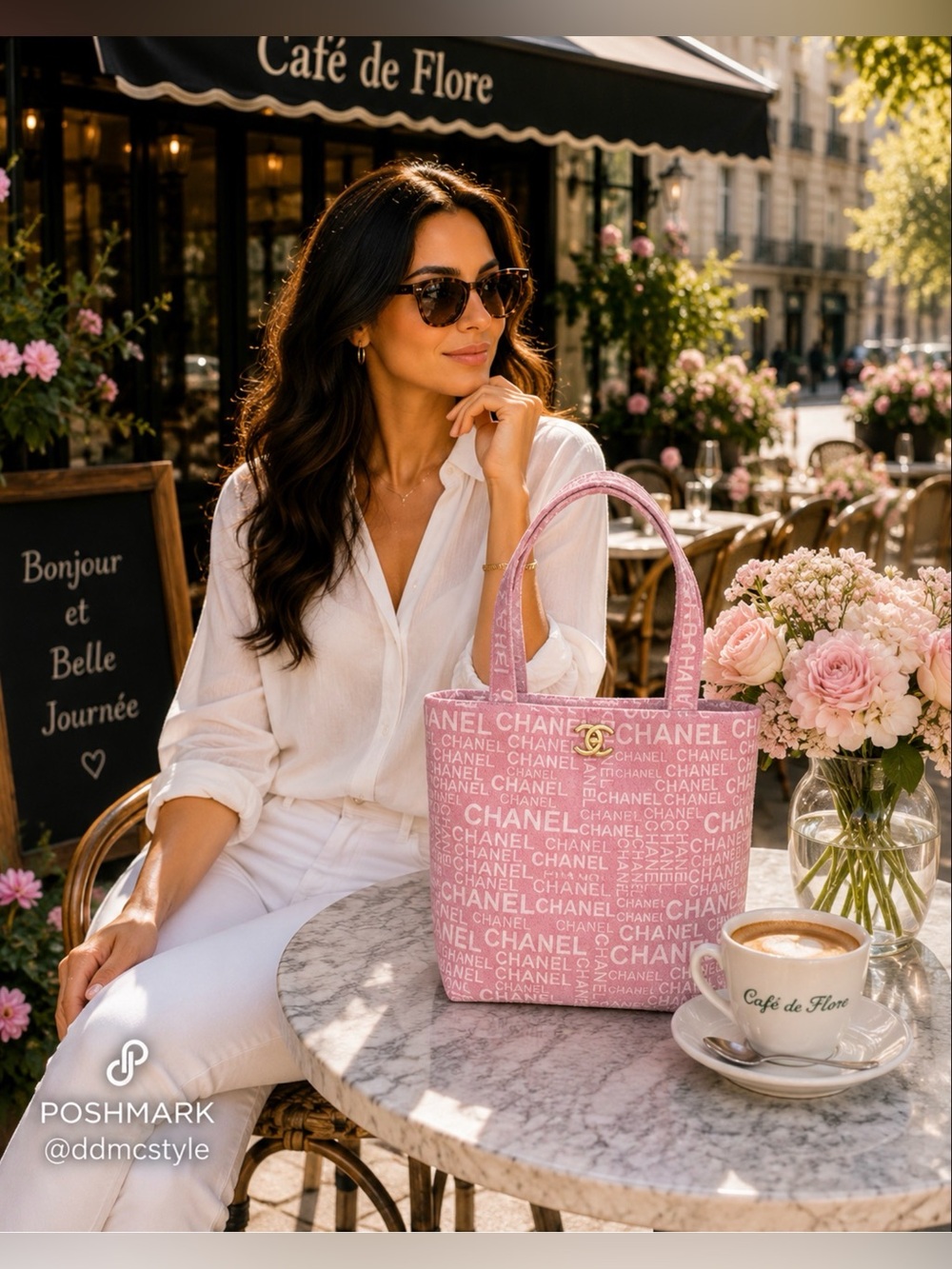 Pink NIP Chanel Beauty GWP Logo Repeat Tote with Gold Emblem